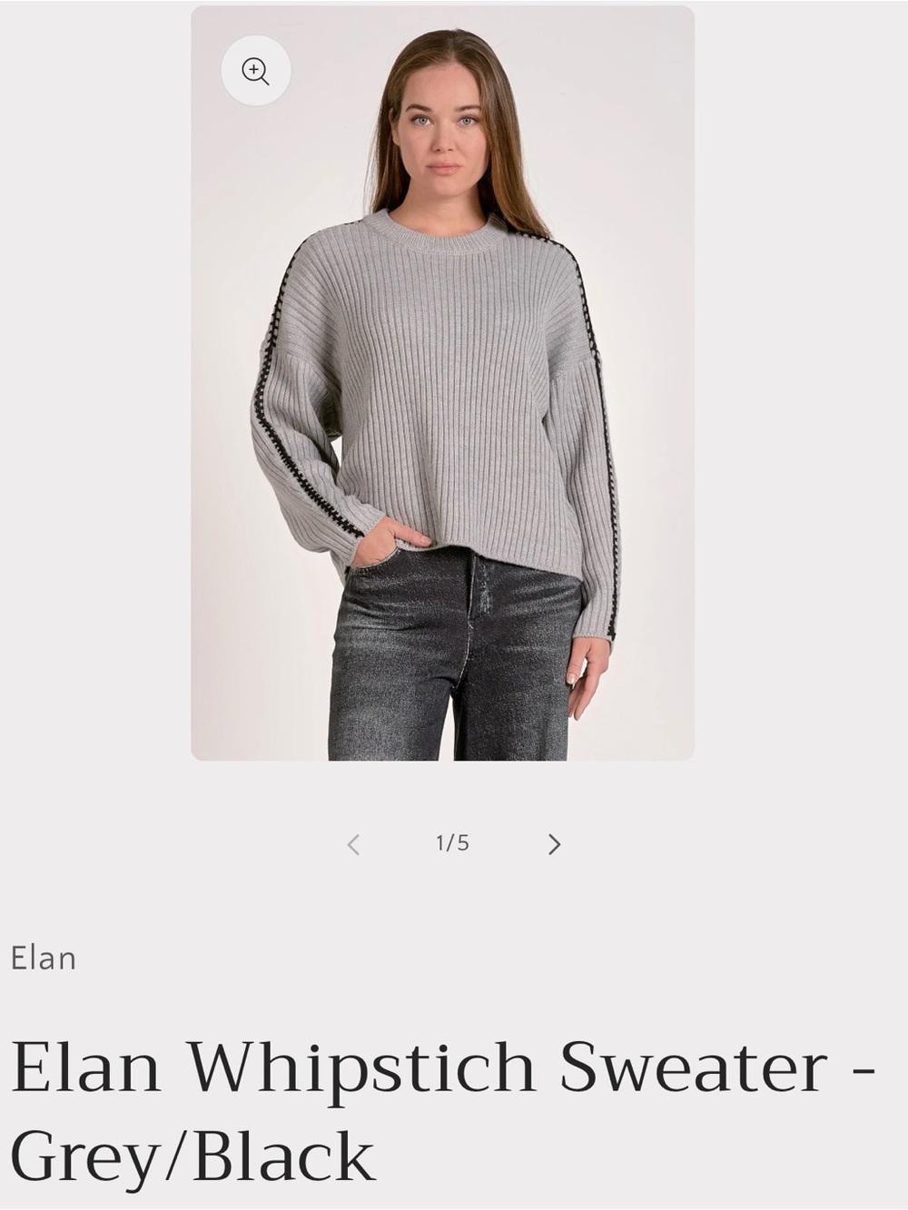 Elan Grey Crewneck Sweater with Black Whipstitch Detail